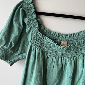 NWT Free People Green Smocked Mini Dress stripes frosty spruce size M medium